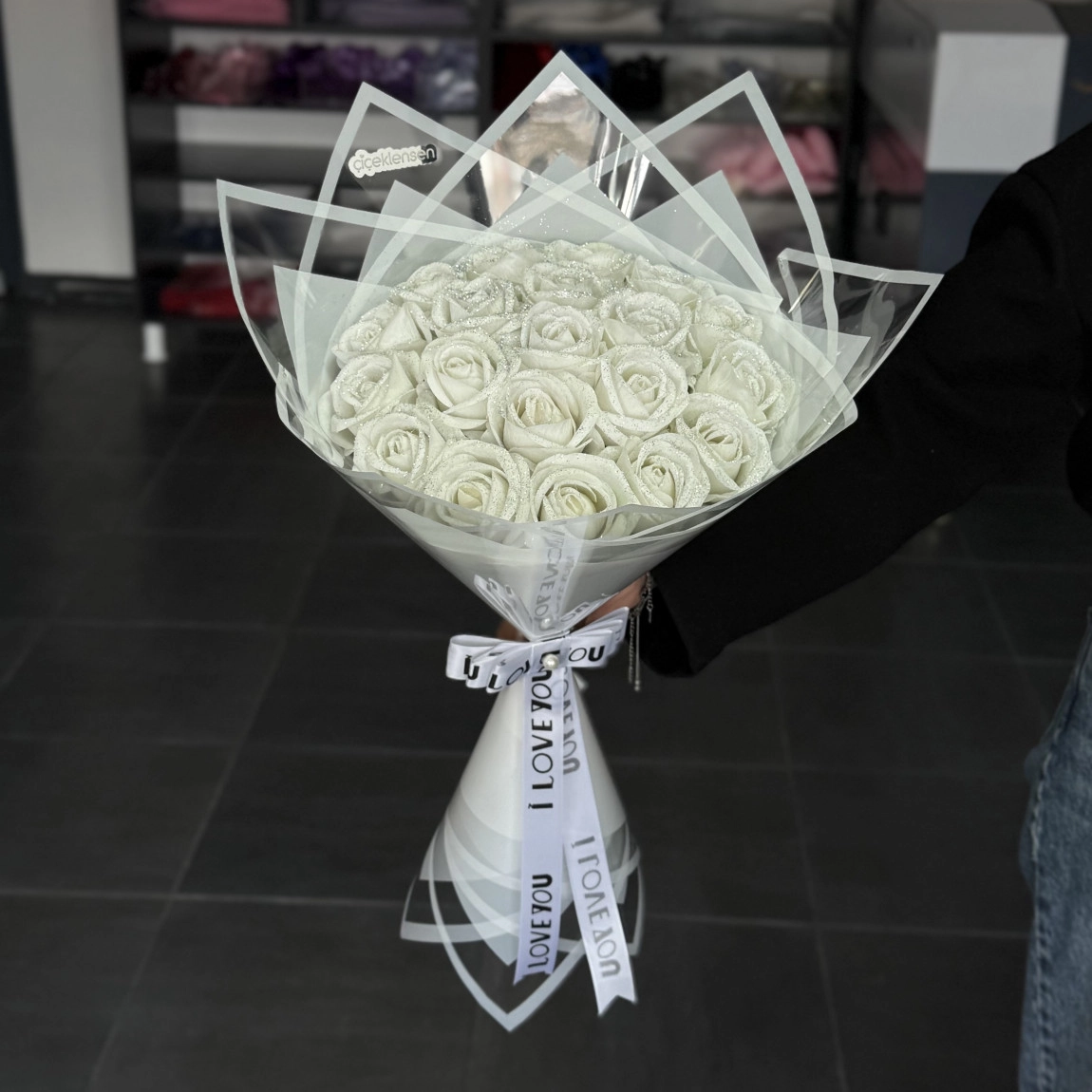 20'Li Beyaz Gül Buketi (Simli)