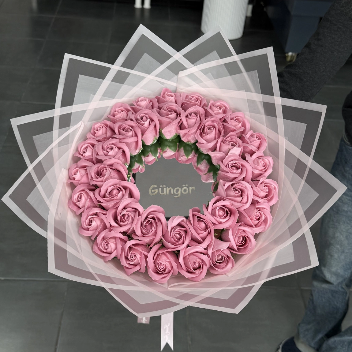 38'li Aynalı Gül Buketi Pudra Pembe