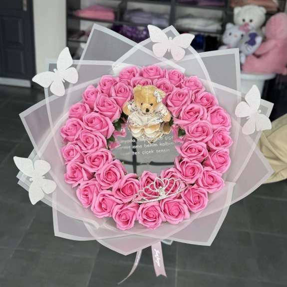 38'li Aynalı Gül Buketi Neon Pembe