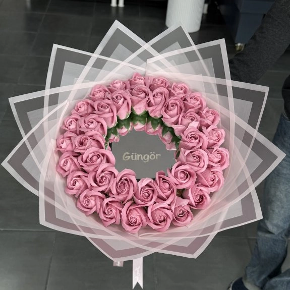 38'li Aynalı Gül Buketi Pudra Pembe