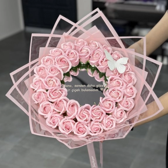 38'li Aynalı Gül Buketi Soft Pembe